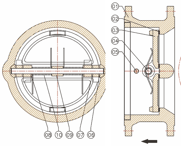 Dual Plate Check Valve · Flange section with numbered callouts